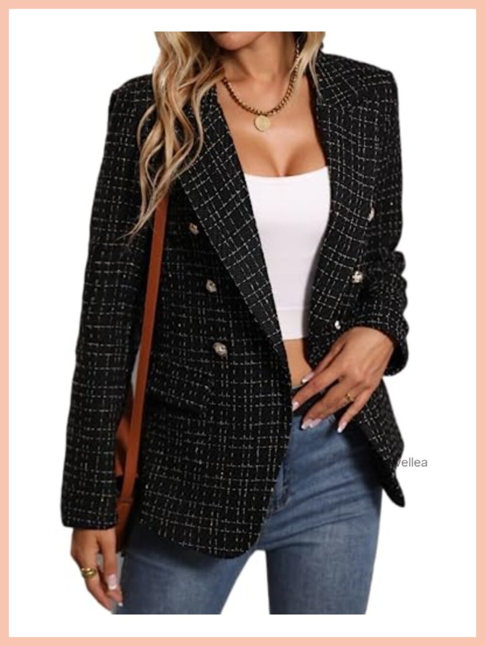 Tweed Plaid Blazer Notch Collar Double Breasted Relaxed Fit Business Casual